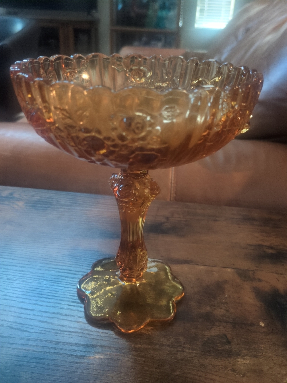 Vintage Amber Fenton Glass Cabbage Rose Compote Pedestal Bowl 1930-1950
